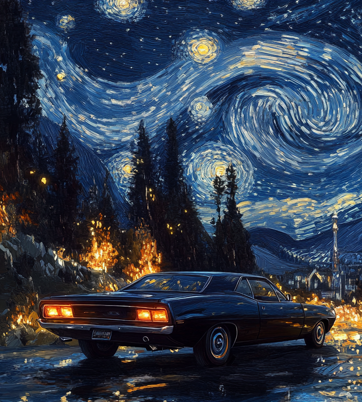 VAN GOGH - PLYMOUTH BARRACUDA 1964 IN A STARRY NIGHT