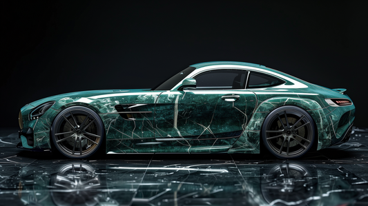 GREEN MARBLE SCULPTURE OF A MERCEDES AMG GT SIDE VIEW