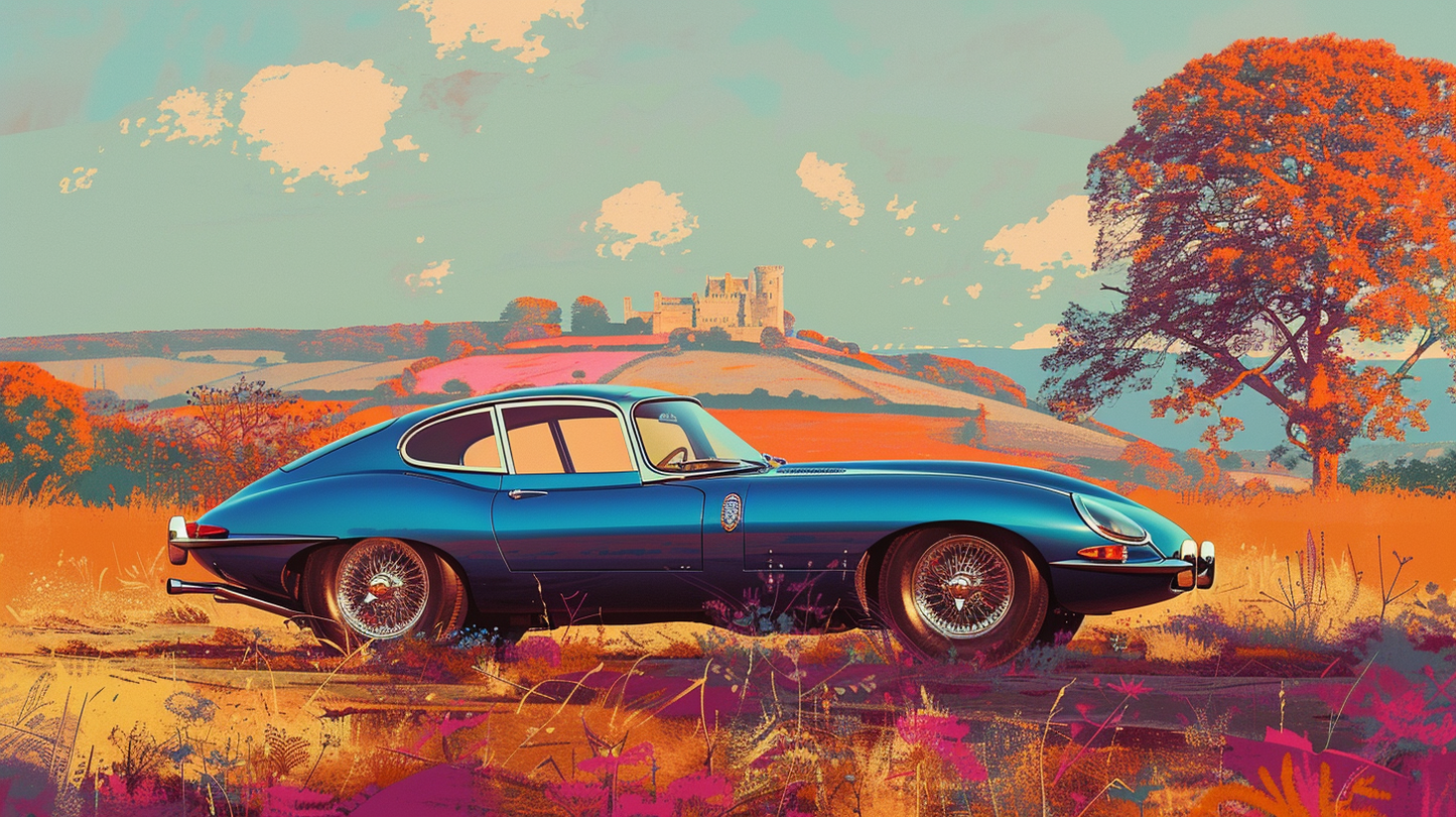 PANORAMIC - JAG E  1969 IN CAMARGUE COUNTRYSIDE