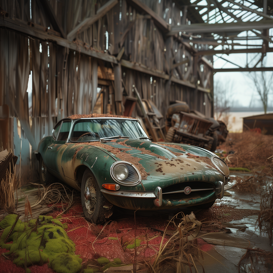 VINTAGE JAGUAR AND IN AN OLD FARM