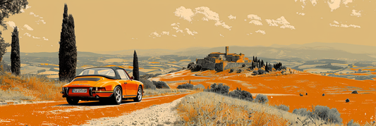 PANORAMIC - VINTAGE 911 CABRIO REACHING A TUSCANY CASTLE